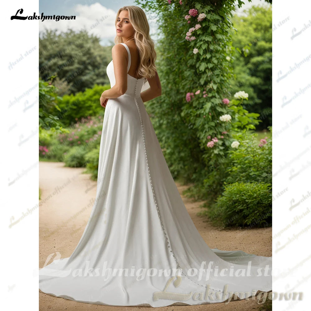 Lakshmigown A-Line Spaghetti Satin Square Collar Wedding Dresses Sleeveless Floor Length Bridal Gowns Vestido Customized