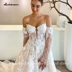 Lakshmigown Off the Shoulder Long Removeable Sleeves Sweethert Full Lace Bridal Grown A Line Wedding Dresses Customized