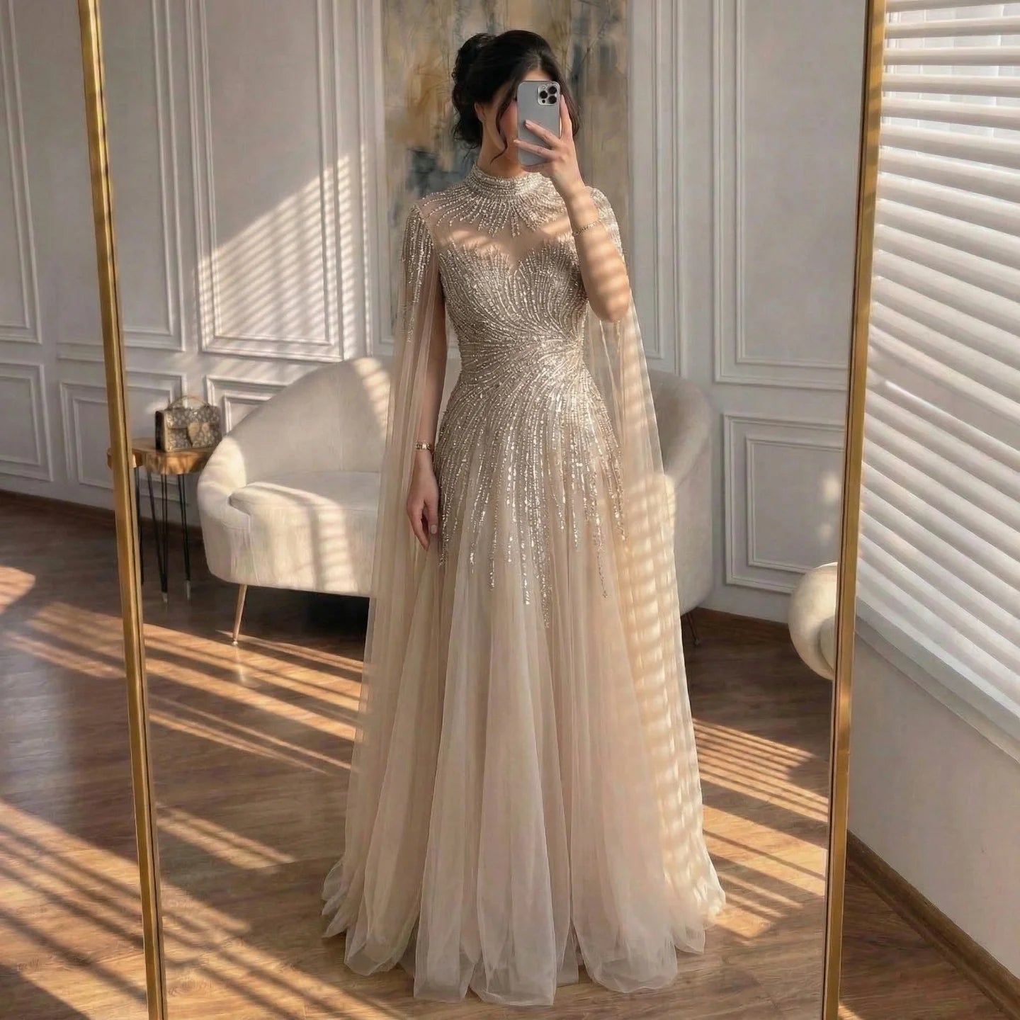 Serene Hill Burgundy High Neck Cape Sleeve A-line Evening Dress Elegant Party Gown for Women 2026 Customized DLA72386A