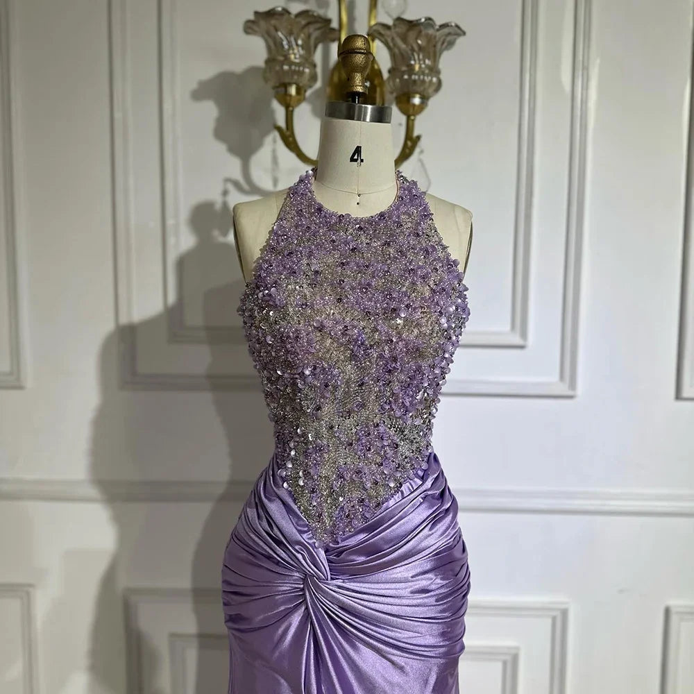 Serene Hill Customized 2025 Lilac Halter Side Slit Mermaid Evening Gown Wedding Party Bridesmaid Dress for Women DLA72668