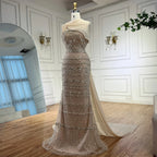Serene Hill 2026 Customized Nude Mermaid Sleeveless Evening Dress with Long Cape Dubai Wedding Party Gowns for Women DLA72126B