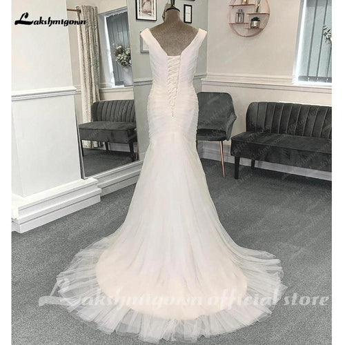 Robe de mariée sirène plissée en tulle NumberSea avec ceinture perlée, épaule dénudée, blanc cassé, collection mariage 2025