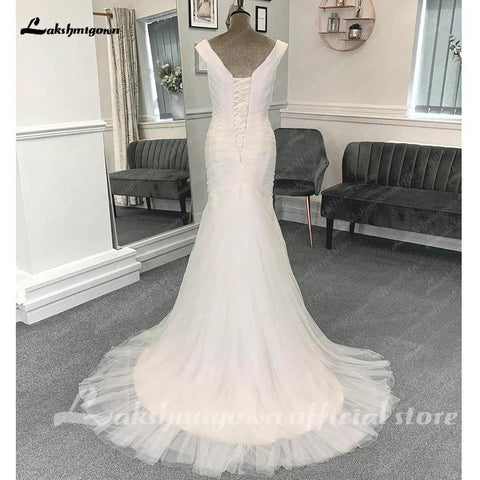 Vestidos de noiva de cerimónia com tule e pregas sereia, com cinto de contas e ombro de fora, branco-claro, 2025 