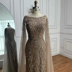 Serene Hill Customized Caramel O-Neck Mermaid Evening Dress with Cape Sleeve 2026 Wedding Party Gowns for Women DLA71804