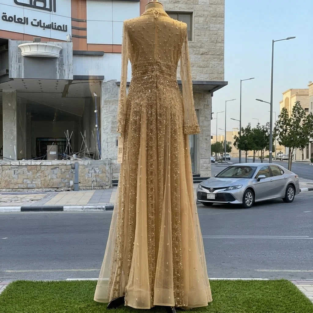 Serene Hill Customized 2026 Lapel Collar Long Sleeve Evening Dress Luxury Beaded A-Line Modest Party Gowns DLA73663