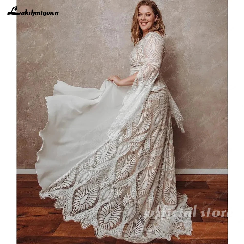 Lakshmigown Bohemian Boho Wedding Dress Lace Chiffon Long Sleeve Open Back V Neck Plus Size Vestidos De Novia Customized