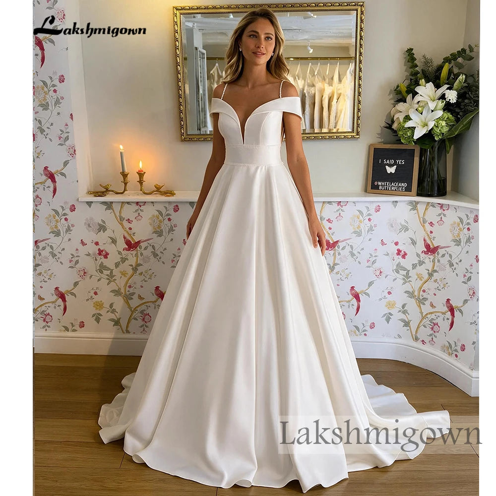 Lakshmigown Minimalist Strapless Wedding Dresses Satin Bridal Gowns Court Train Vestido De Novia New Robe De Summer Customized
