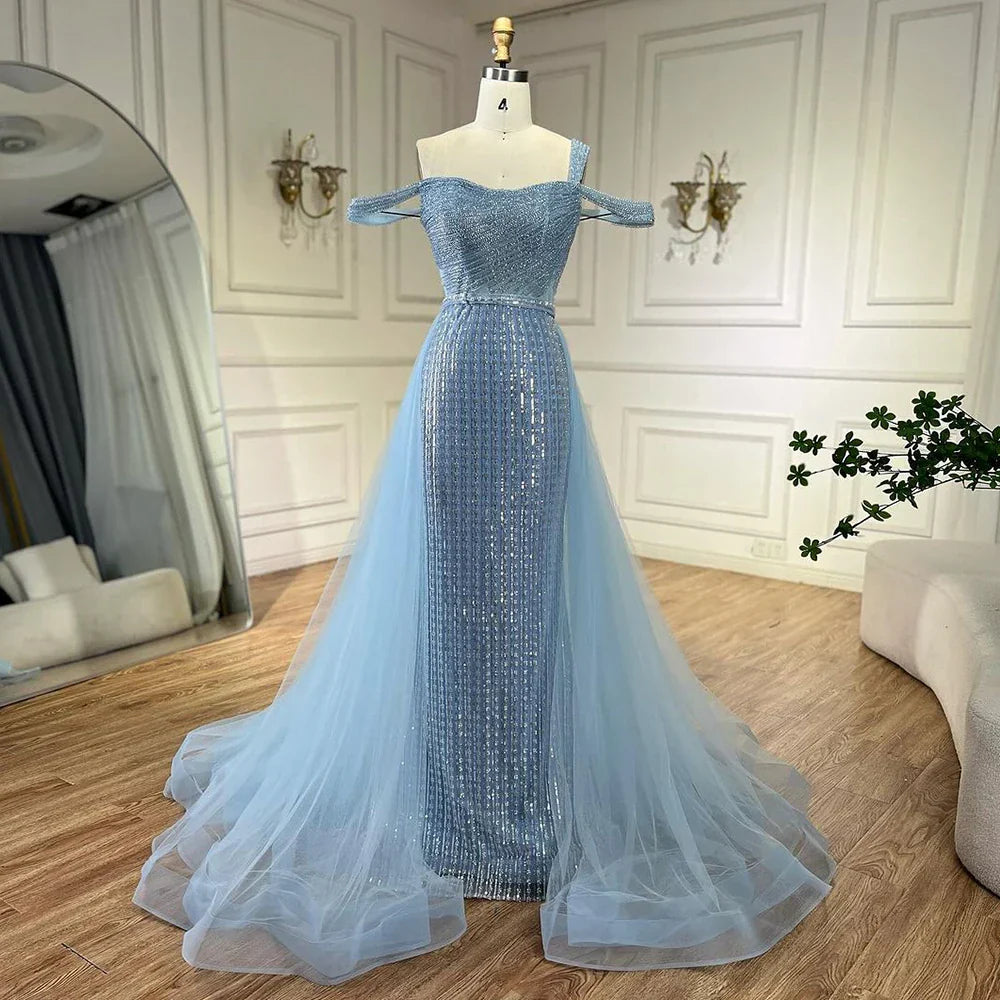 Vestido de Noite de Luxo Serene Hill Gold Mermaid Elegante Com Ombro a Descoberto e Sobresaia Com Contas 2025 Para Mulheres Casamento Festa LA72453
