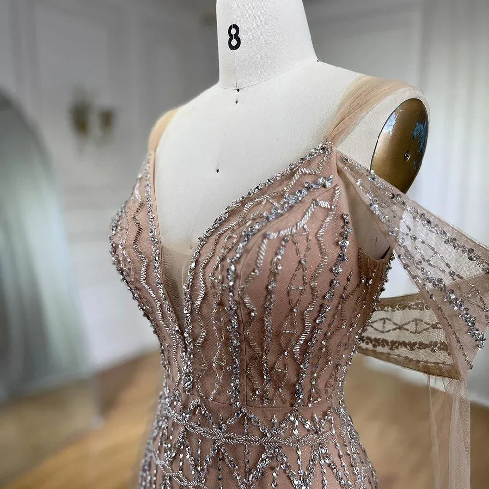Serene Hill Customized 2025 Nude A-Line Midi Ankle Lengt Prom Dresses Glitter Beaded Evening Party Gowns for Women DLA71911
