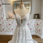 Lakshmigown Spaghetti Straps A‑Line Wedding Dress Deep V‑Neck Leaf Lace Appliques Beaded Tulle Bridal Gown Cut‑Out  Customized