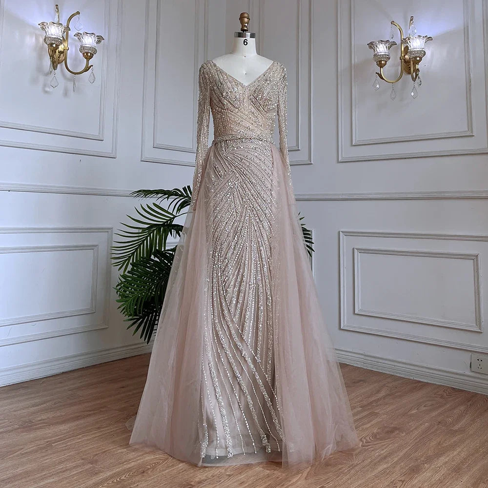 Nightbubo Customized Blue Grey V-Neck Mermaid Beaded Overskirt Evening Dresses Elegant Party Gowns For Women DLA71750