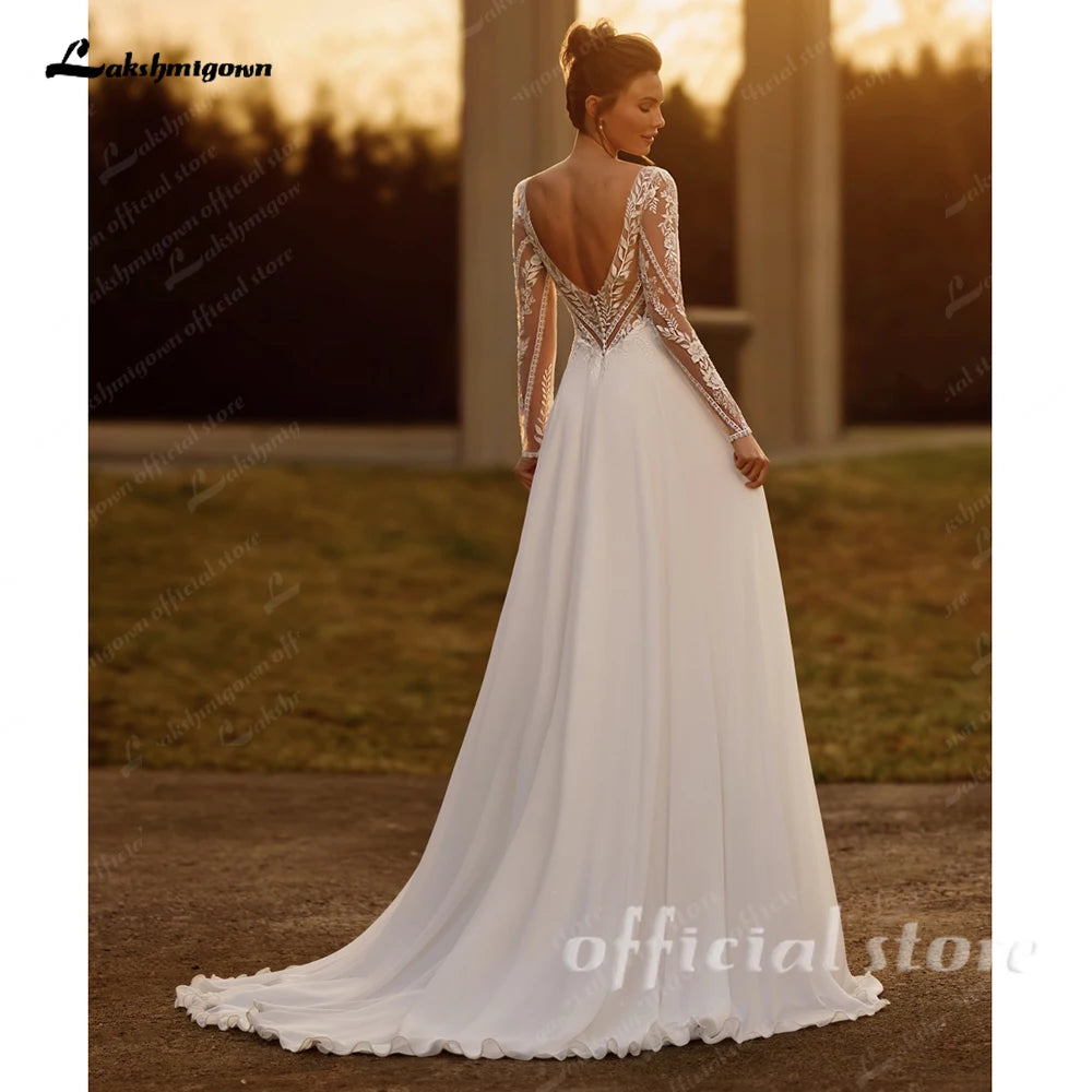Lakshmigown Illusion Long Sleeve Wedding Dress Woman Chiffon A Line Applique Side Slit Long Robes de Soriee Customized