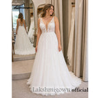 Lakshmigown Sexy Boho Country Tulle Illusion Wedding Dress Deep V‑Neck Sleeveless Lace Appliques Tulle Bridal Gown Customized