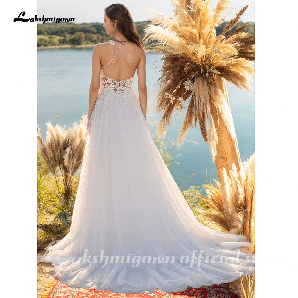 Lakshmigown Mophiel Boho Wedding Dresses Spaghetti Straps Lace Appliques Tulle Bride Dress A-line Corset Pearl Bridal Gown
