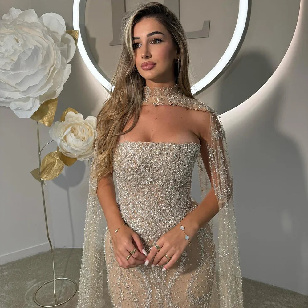 Serene Hill Red Mermaid Detachable Cape Sleeves Evening Dresses with Lace Up Back Party Gowns for Women DLA72824 Customized