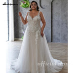 Lakshmigown Plus Size V-neck Wedding Dresses For Woman Bride Illusion Back A-line Tulle Appliques Bridal Gown Customized
