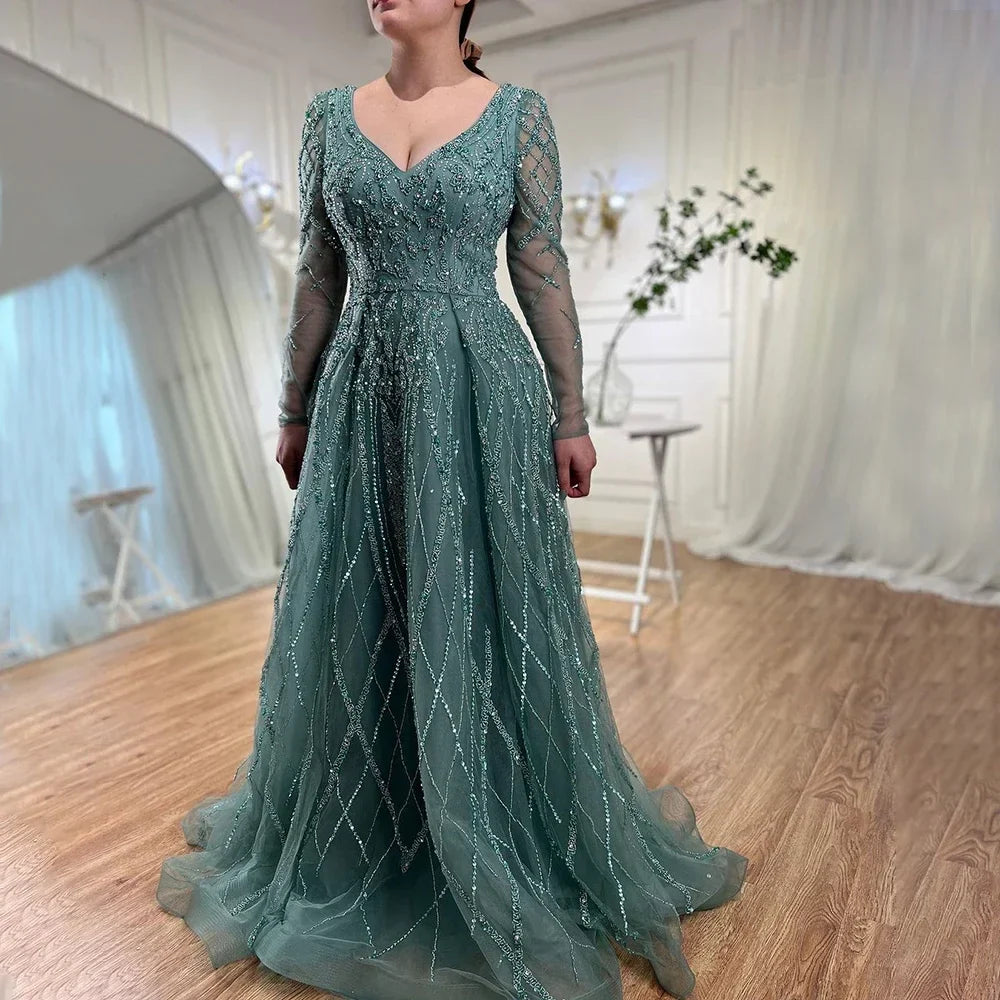 Lilac V-neck A-line Long Sleeves Luxury Beaded Evening Dresses Party Gowns for Women Customized | Nightbubo