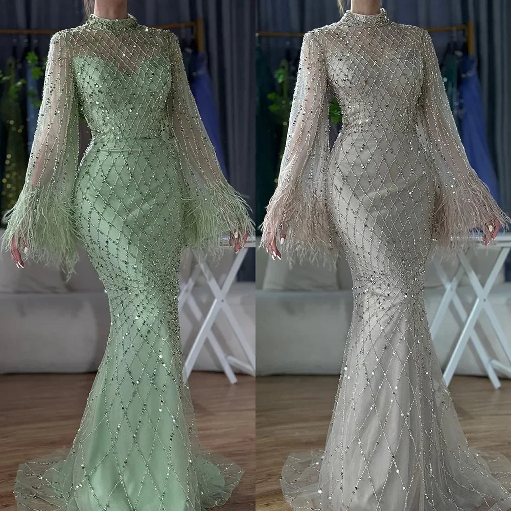 Customized 2025 Dubai Green Grid Cut Out Lace Beaded Feathers Sleeves Elegant Dresses Gowns for Formal Occasion DLA72394A
