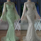 Customized 2025 Dubai Green Grid Cut Out Lace Beaded Feathers Sleeves Elegant Dresses Gowns for Formal Occasion DLA72394A