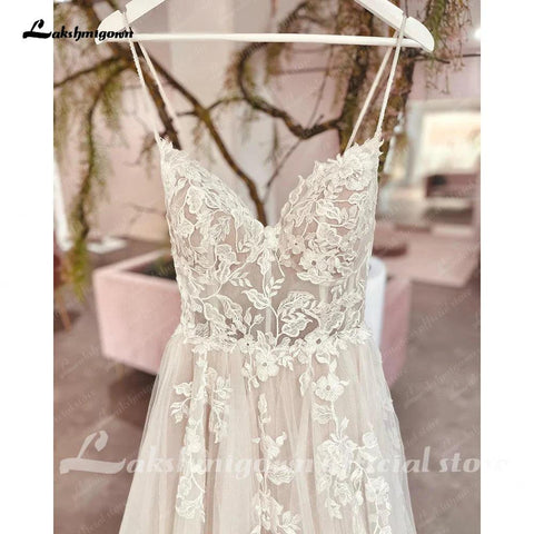 Vestido de noiva NumberSea com alças finas 2025, robe longo e elegante, vestido de noiva para praia, aplicações de renda floral, robe de marie 