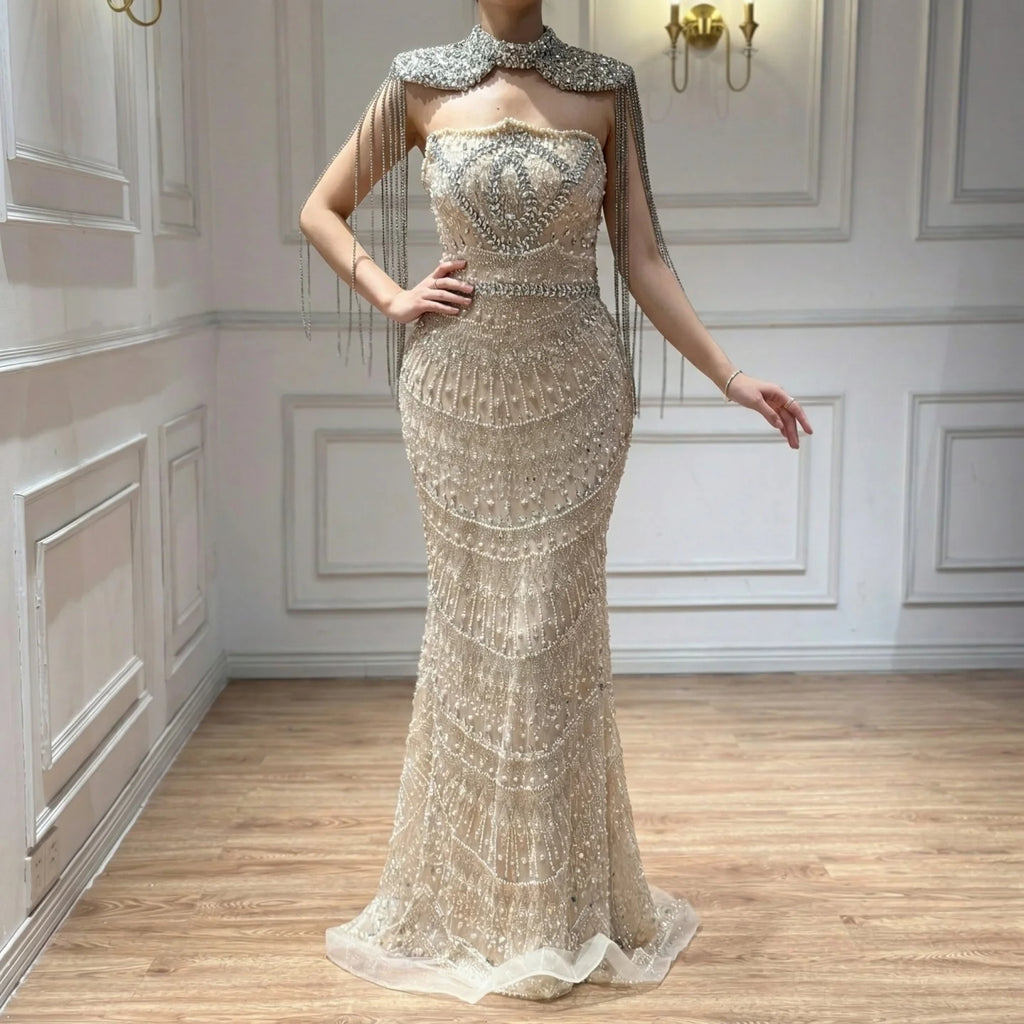 Serene Hill Luxury Beaded Mermaid Evening Dress Elegant Crystal Tassel Cape Celebrity Party Gown Vestidos Customized DLA73450A