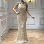 Serene Hill Luxury Beaded Mermaid Evening Dress Elegant Crystal Tassel Cape Celebrity Party Gown Vestidos Customized DLA73450A