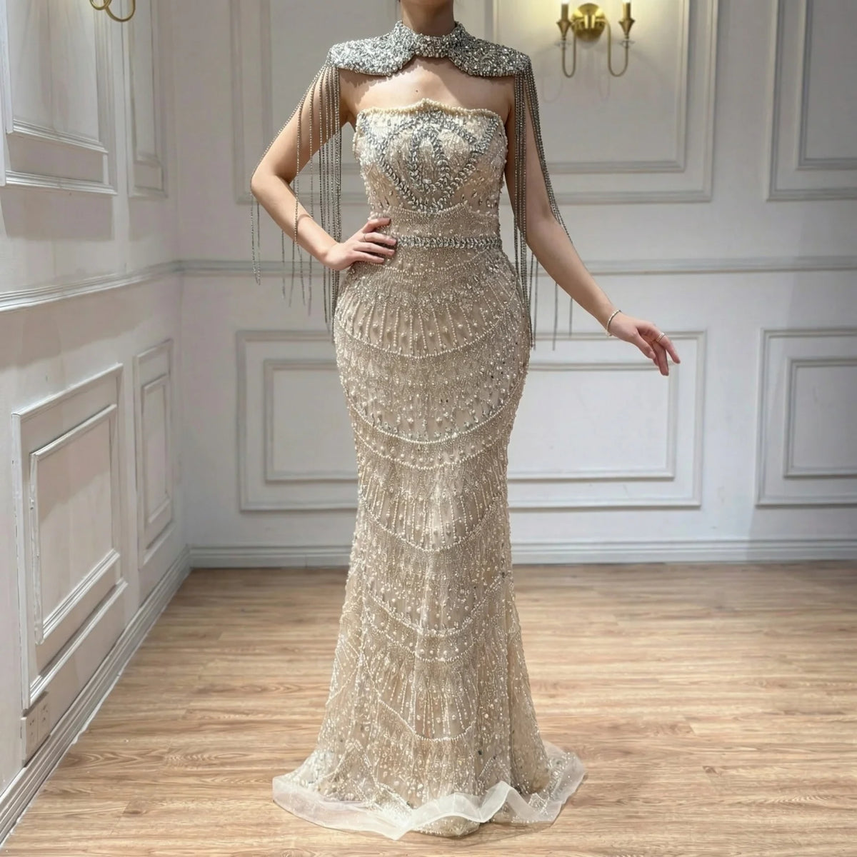 Serene Hill Luxury Beaded Mermaid Evening Dress Elegant Crystal Tassel Cape Celebrity Party Gown Vestidos Customized DLA73450A
