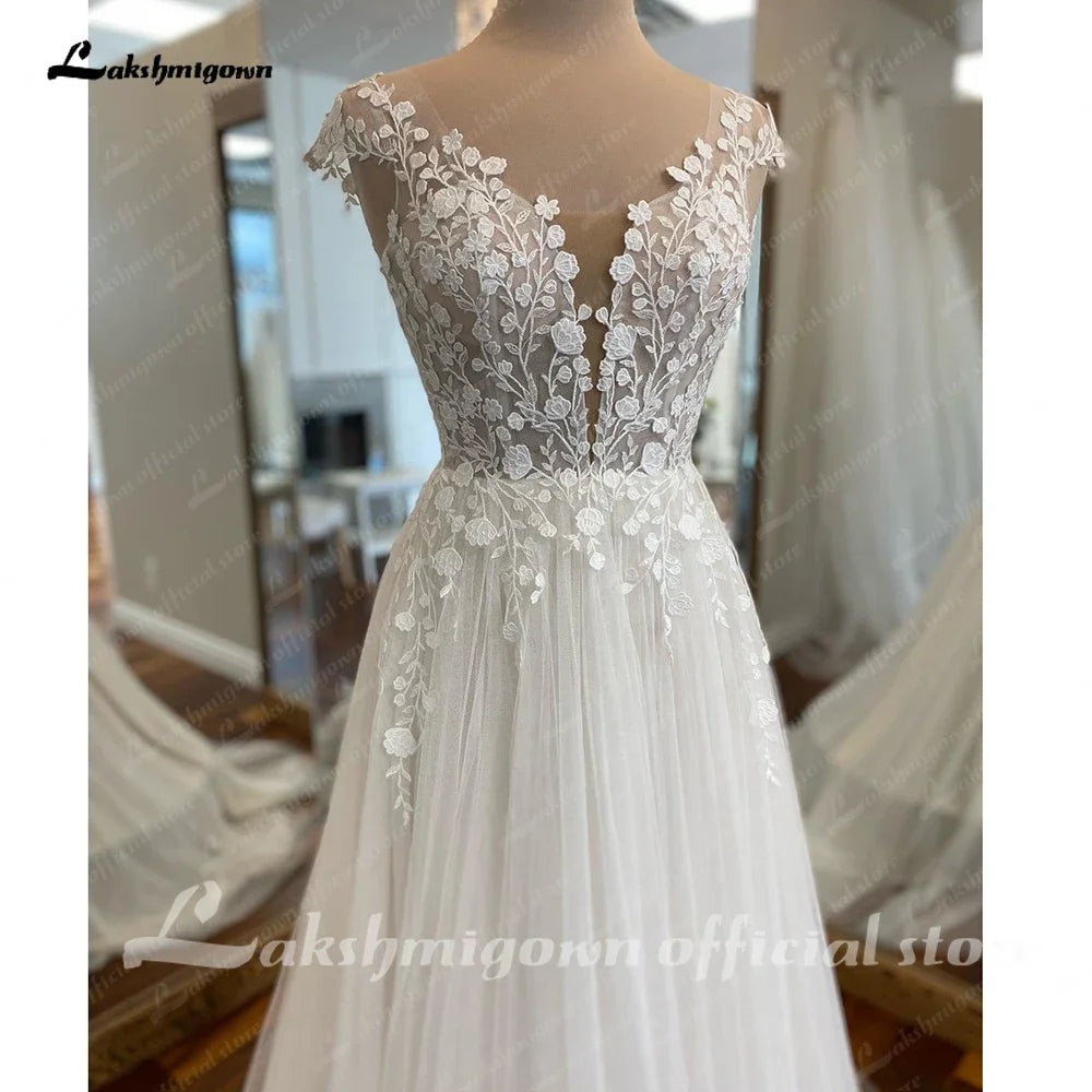 Lakshmigown Robe Boheme Bridal Beach Wedding Dress Customized Civil A Line Off White Tulle Long Wedding Gowns Cap Short Sleeves