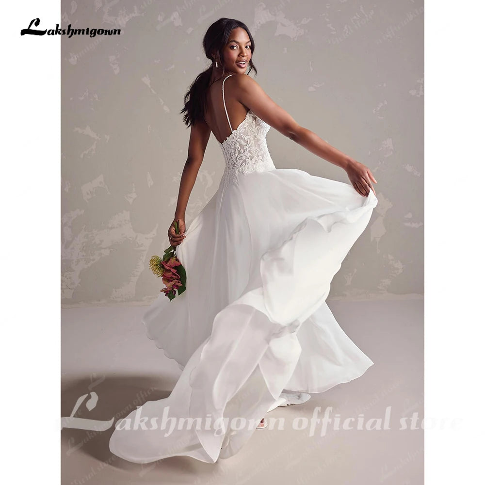 Lakshmigown Spaghetti Strap Beads Lace Wedding Gown Plus Size Chiffon Boho Wedding Dresses with Detachable Sleeve Customized