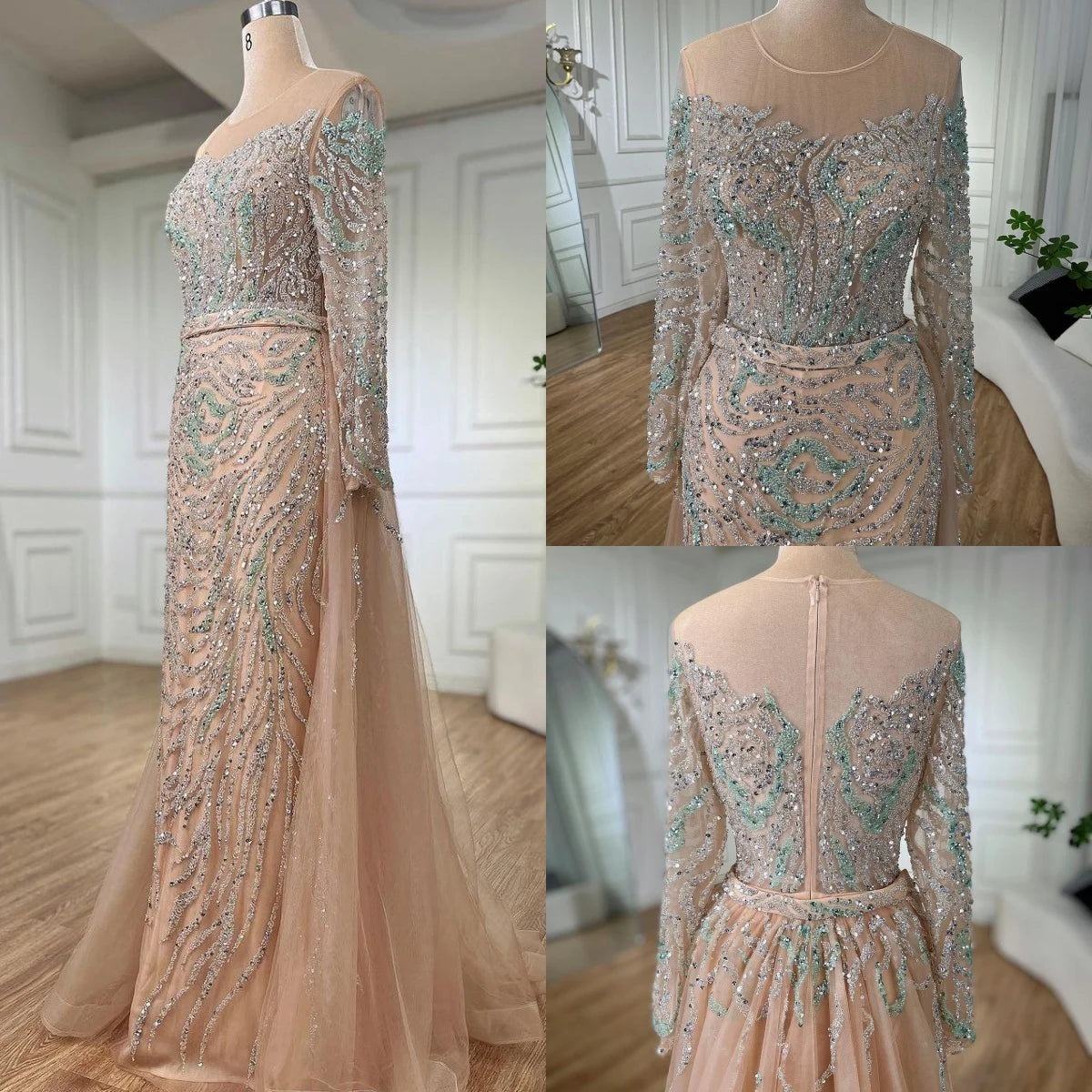 Serene Hill Nude Mermaid Long Sleeve Evening Dress with Overskirt Luxury Beaded Wedding Party Gown for Women Customized DLA71995