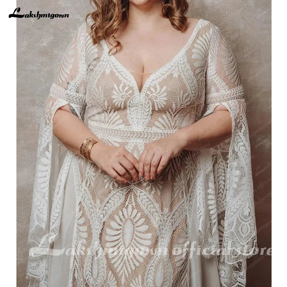 Lakshmigown Bohemian Boho Wedding Dress Lace Chiffon Long Sleeve Open Back V Neck Plus Size Vestidos De Novia Customized