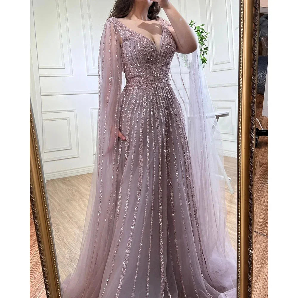 Serene Hill Customized Pink A-Line Cape Sleeves Luxury Beaded Evening Dresses Party Gowns 2025 For Women Wedding DLA71567