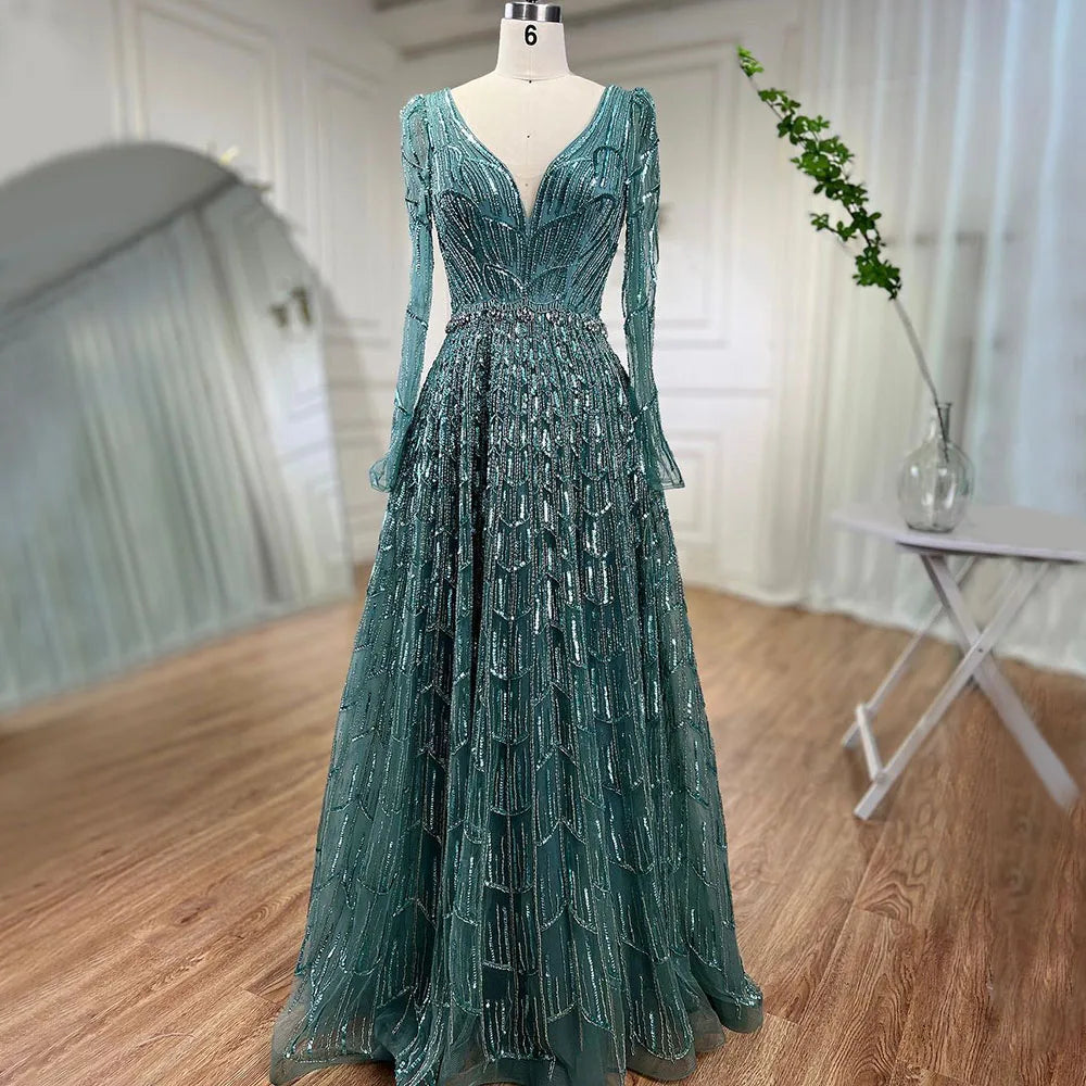 Serene Hill Customized Turquoise Muslim Long Sleeve A Line V-Neck Evening Dresses Beaded Party Gowns For Women 2025 DLA71940
