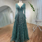 Serene Hill Customized Turquoise Muslim Long Sleeve A Line V-Neck Evening Dresses Beaded Party Gowns For Women 2025 DLA71940