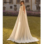 Lakshmigown Bohemian Wedding Dress A Line with Detachable Cape Boho Lace V Neck Crepe Open Back Bridal Dresses Woman Customized