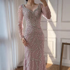Serene Hill Pink V-neck Long Sleeves Mermaid Luxury Beaded Evening Dress 2026 Wedding Party Gowns DLA73191 Customized