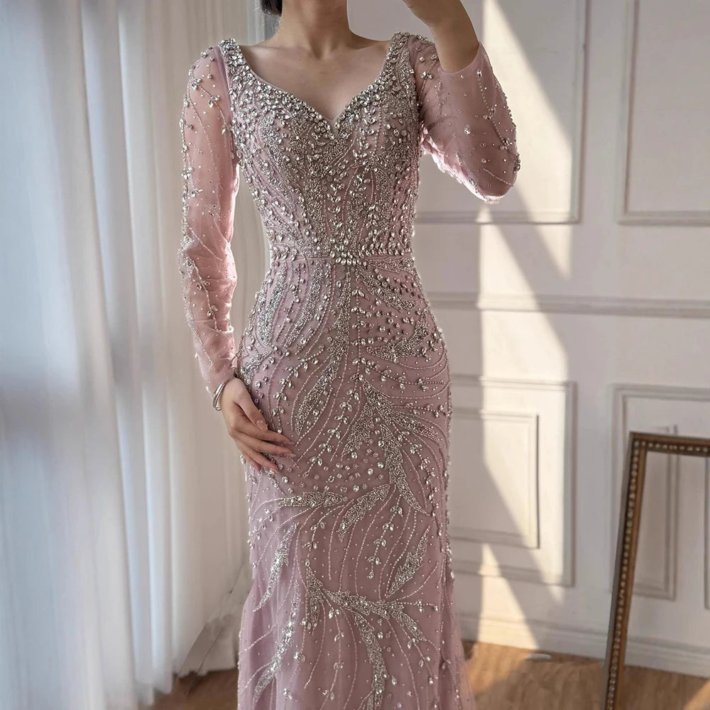 Serene Hill Pink V-neck Long Sleeves Mermaid Luxury Beaded Evening Dress 2026 Wedding Party Gowns DLA73191 Customized