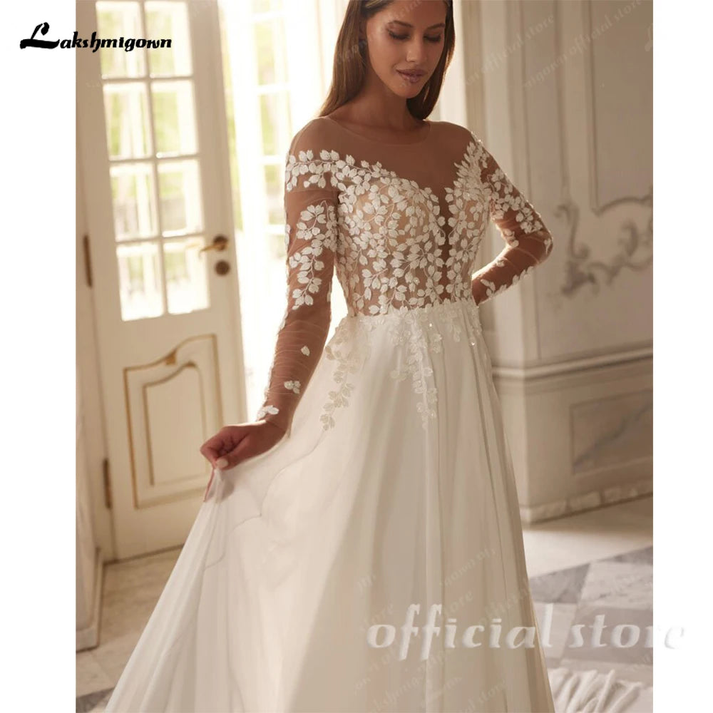 Lakshmigown Boho Wedding Dress for Women Bride Long Sleeves V Neck Applique Chiffon Summer Beach Bridal Gown Customized