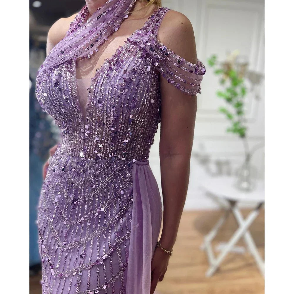 Serene Hill Customized Lilac Halter Mermaid Beaded Formal Evening Dresses Elegant Wedding Party Gowns for Women DLA71778A