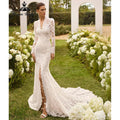 RoyceBridal Long Sleeve Floral Lace Mermaid Wedding Dress V Neck Front Slit Full Lace Back Chapel Train Bridal Gown Customized