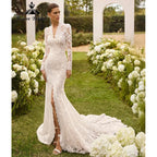 RoyceBridal Long Sleeve Floral Lace Mermaid Wedding Dress V Neck Front Slit Full Lace Back Chapel Train Bridal Gown Customized