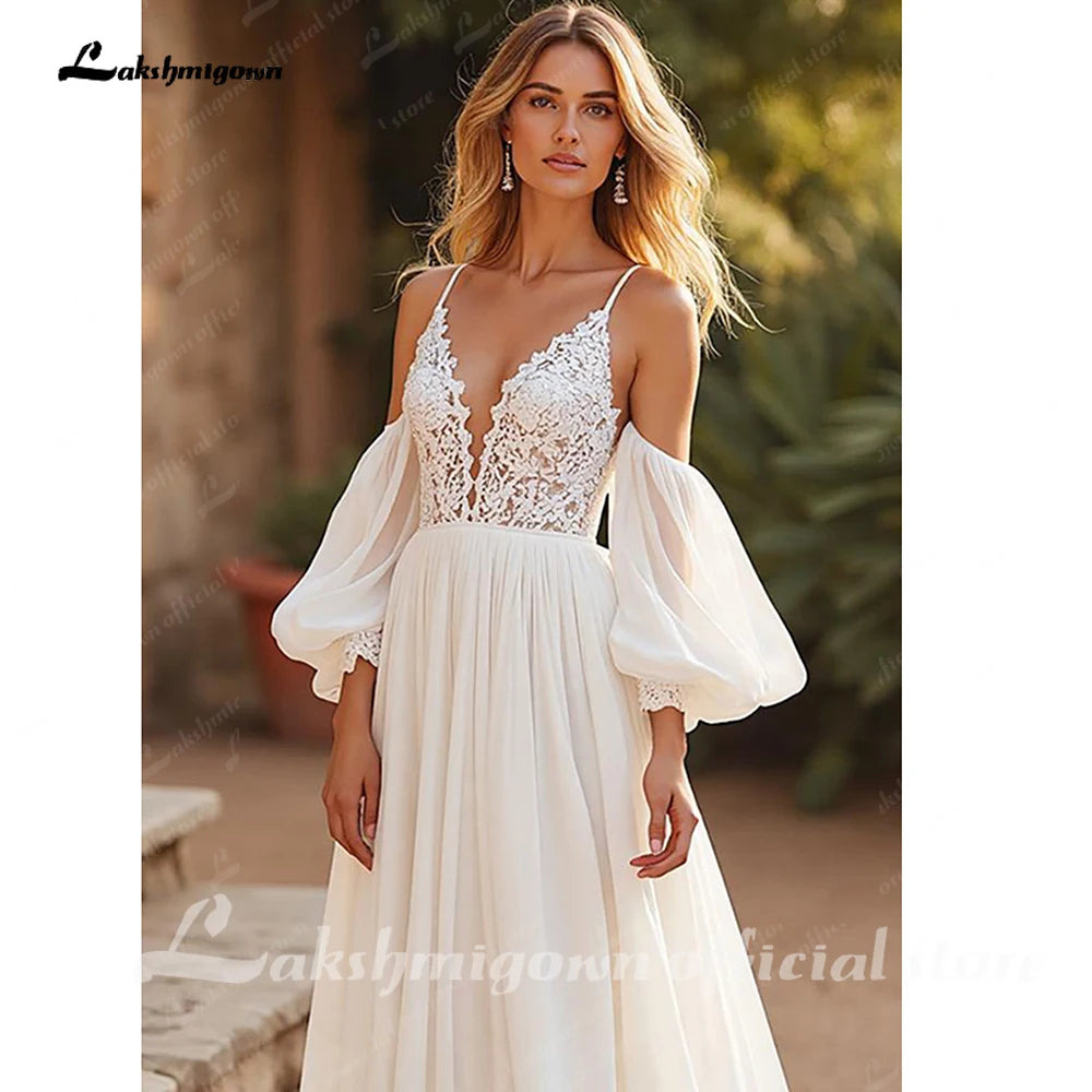 Lakshmigown Chiffon V-Neck Court Train Ivory Beach Wedding Dress with Lace Appliques Spaghetti Straps Long Boho Wedding Gown