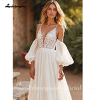 Lakshmigown Chiffon V-Neck Court Train Ivory Beach Wedding Dress with Lace Appliques Spaghetti Straps Long Boho Wedding Gown
