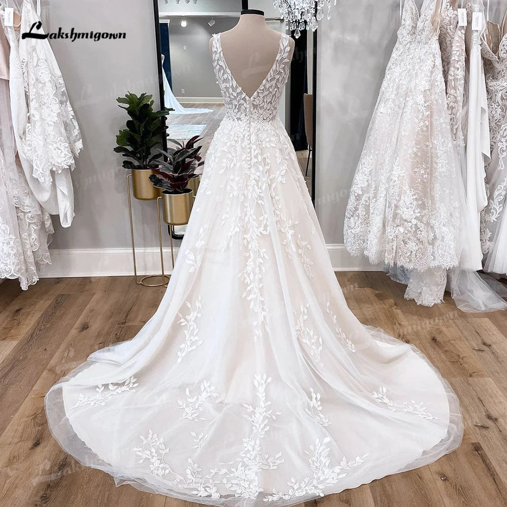 Lakshmigown V Neck Floral Lace Bridal Beach Wedding Dresses Customized Abiti Da Sposa Summer Beach A-Line Wedding Gowns