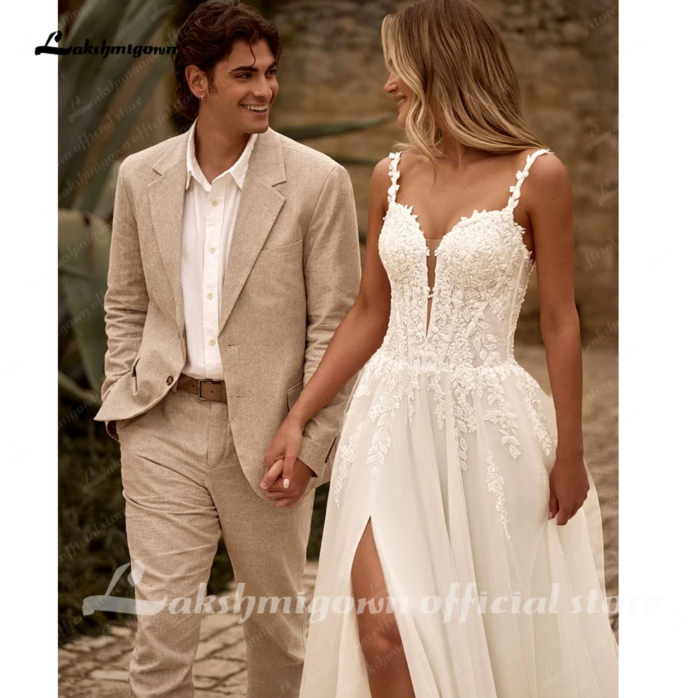Lakshmigown Sexy Glitter Tulle Wedding Dress Spaghetti Straps V Neck Sequined Applique Split Bridal Dresses Customized