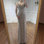 Serene Hill Customized Turquoise Evening Dresses with Neck Lace 2026 Long Sleeves Mermaid Beaded Elegant Party Gowns DLA73042B