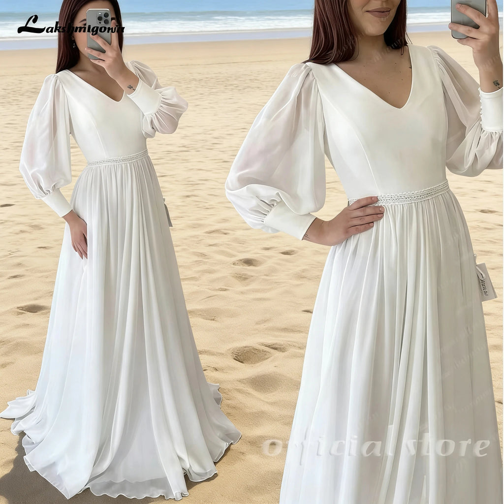 Lakshmigown Beach Wedding Dresses for Summer Puff Sleeves V-Neck Split Sweep Train Simple Bride Vestidos De Nova Customized