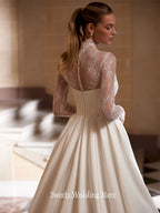 Customized Wedding Dress Vestido De Noiva Fashion High Neck Long Sleeves Top Lace Satin Bridal Gown Sweep TrainRobe Mariee