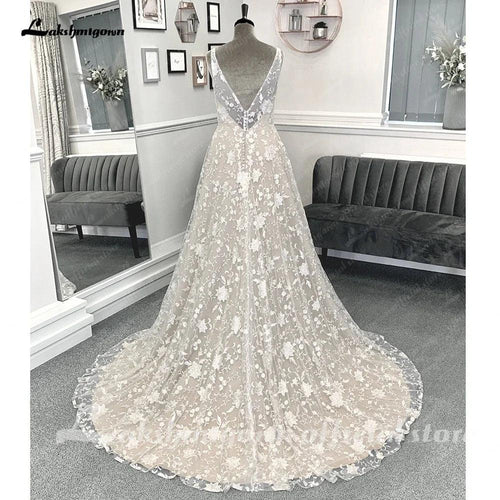 NumberSea Robe de Mariée Vintage Champagne Dentelle Complète Style Boho 2025 Robes de Mariée Décolleté en V Sexy Dos N