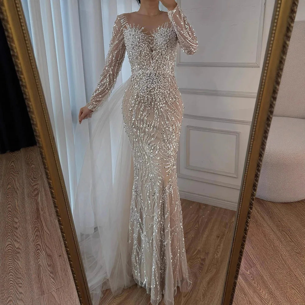 Serene Hill White Nude Long Sleeves Mermaid Pearls Beaded Evening Dress with Train Wedding Party Gowns DLA72634A Customized